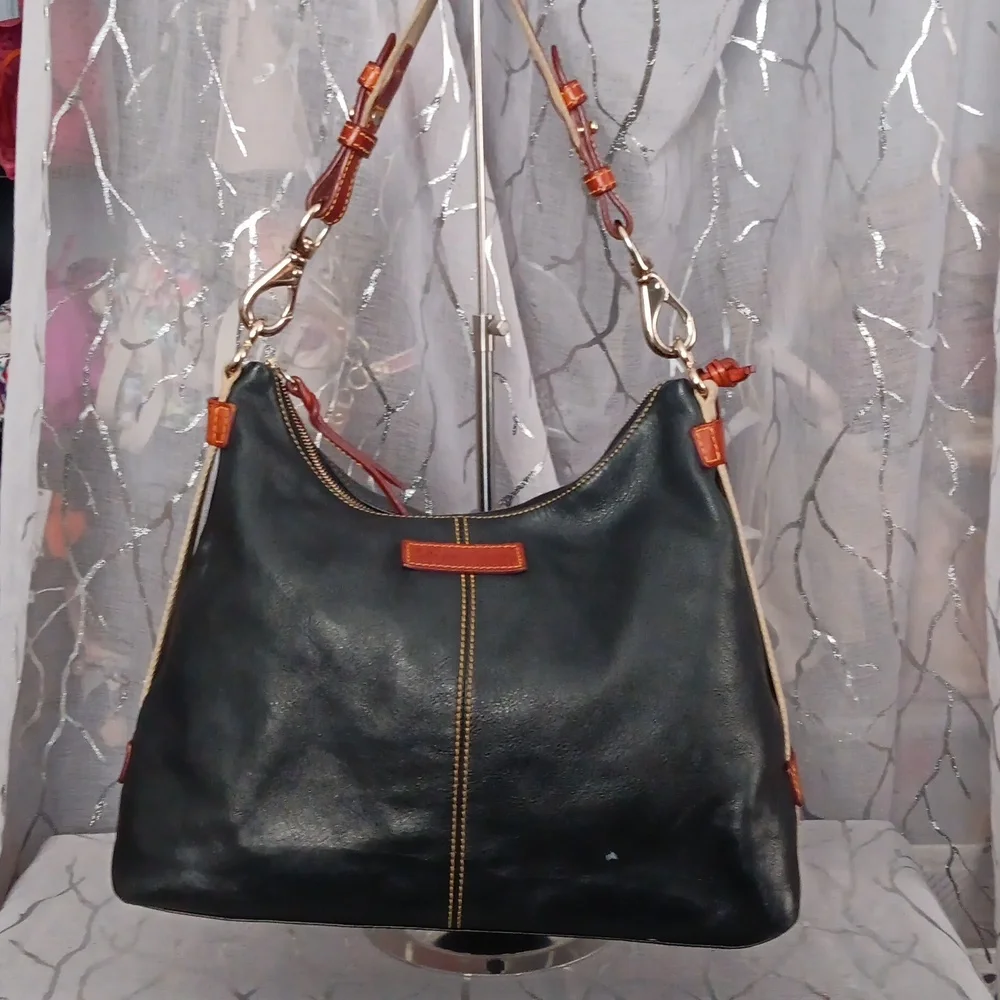 Dooney & Bourke Black Leather Hobo with Brown Trim - Picture 1 of 16
